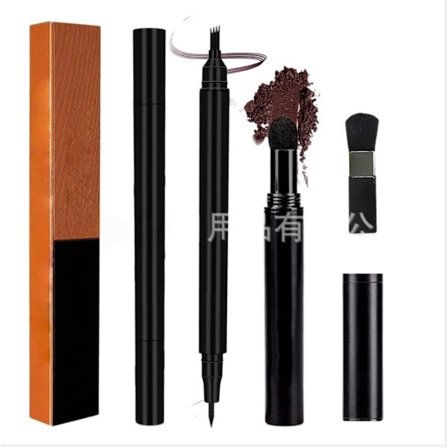 Dobbelt-endet fire-i-en herre skægfiller-pen i dyb brun med gaflet spids og integreret børste til præcis udfyldning