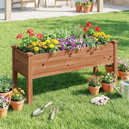 Utomhusplanteringslåda med Galler COSTWAY, 5 Dräneringshål, Upphöjd Planteringslåda i Furu, Upp till 100 KG, Brun