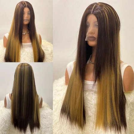 Blonde Paryk med Blonder foran i Syntetisk Fiber til Langt Glat Hår, Stor Paryk Hovedbeklædning 70cm GAO1041(Frit Størrelse,Multifarvet)