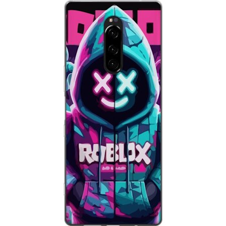Sony Xperia 1 Gjennomsiktig deksel Roblox neon hettegenser i nærbilde med intensivt nærbilde av forkledt karakter i rosa og blått neonlys, som gir