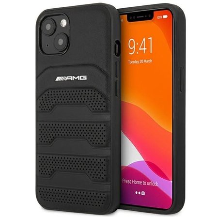 AMG AMHCP14MGSEBK iPhone 14 Plus 6,7 "musta / musta kovakotelo Nahka kohokuvioitu linjat