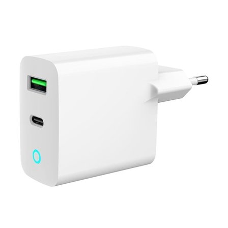 USB-laturi LED-valolla, jossa on USB QC3.0 ja USB-C PD - Valkoinen