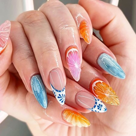 24 stk Mandel Press-on Negl Medium Sommer Frukt Falske Negl med Design Fransk Spiss Falske Negl Orange Lim på Negl