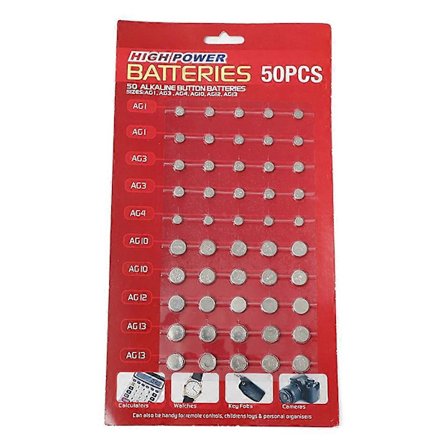 AG1/AG3/AG4/AG10/AG12/AG13 Knappcellebatteri Sett med 50 stk. Klokkebatterier
