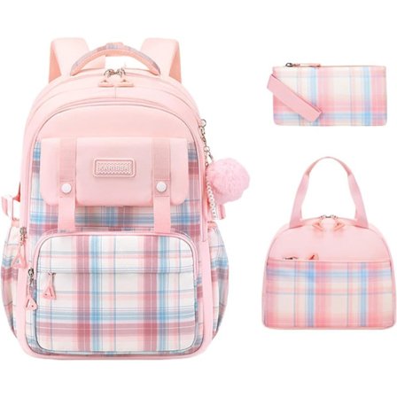 3-pak sød rygsæk til piger med madkasse og penalhus, vandafvisende skoletaske til børn, preppy æstetisk plaid design, alder 4-16_TF_TF