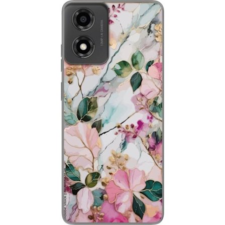 Kompatibel Mobilcover til Motorola Moto E14 Abstrakt marmormønster med blomster, blade og gyldne detaljer i bløde pastelfarver