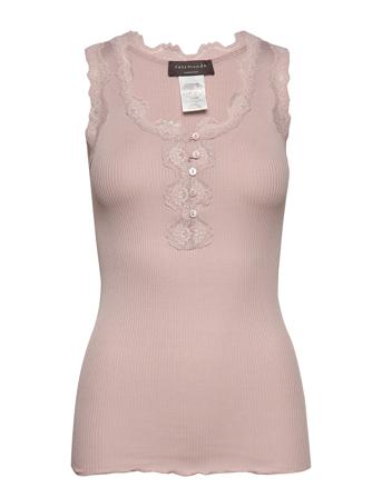Silk Top W/Button & Lace Top Ærmeløs Top Lyserød Rosemunde