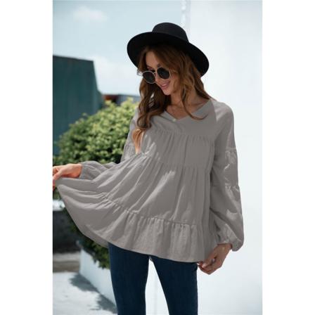 Dam Lantern Långärmad Lösa T-shirts Höst Casual Solid V-