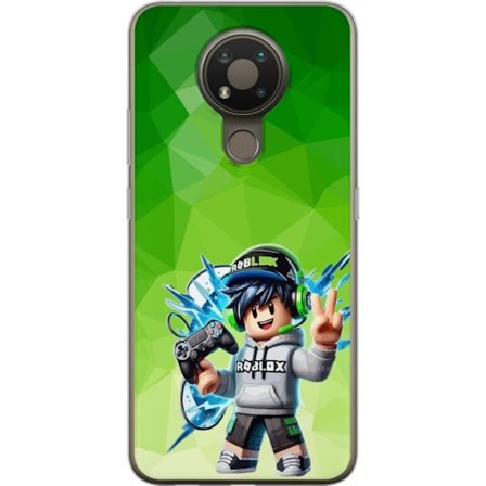 Yhteensopiva Puhelinkuori Nokia 3.4 Roblox-inspiroitu pelaajahahmo, jossa on kuulokkeet, ohjain ja energiset efektit vihreää taustaa vasten