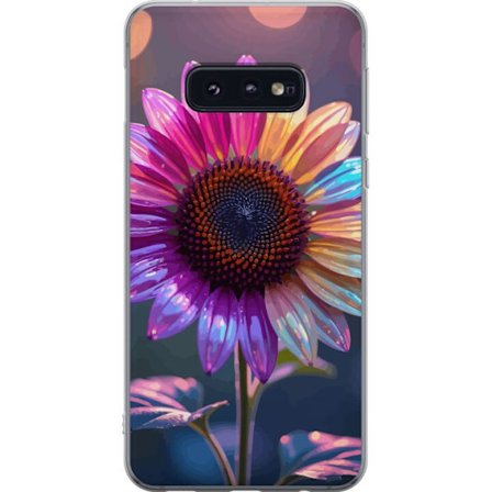 Kompatibelt Mobildeksel til Samsung Galaxy S10e Irideserende blomst med glitrende kronblad i rosa lilla og gull mot myk bokeh bakgrunn