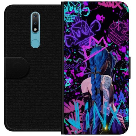 Yhteensopiva Lompakkokotelo Nokia Nokia 2.4 Värikäs graffitipiirustus, jossa on sinipäinen hahmo urbaanissa katutaidetyylissä