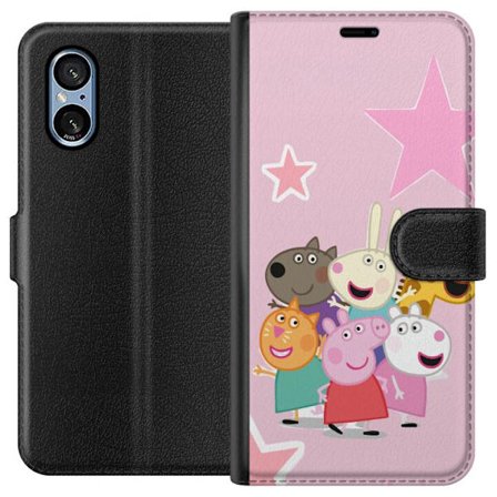 Yhteensopiva Lompakkokotelo Sony Xperia 5 V Peppa Possu ja ystävät kerääntyneinä tähtien kanssa vaaleanpunaisella taustalla, värikäs lasten ku