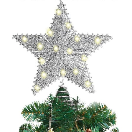 10 tommer juletretopp med 20 LED-lys. Sølvglitrende metall