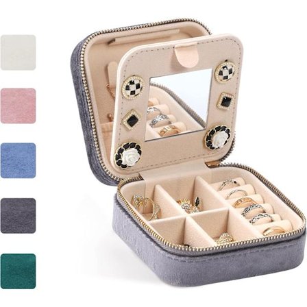 Mini rejse smykkeskrin i fløjl (grå) med spejl til øreringe,