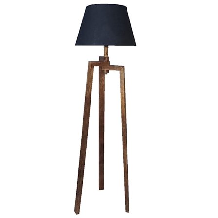 Gulvlampe, træstativ, sort stofskærm, 150 cm