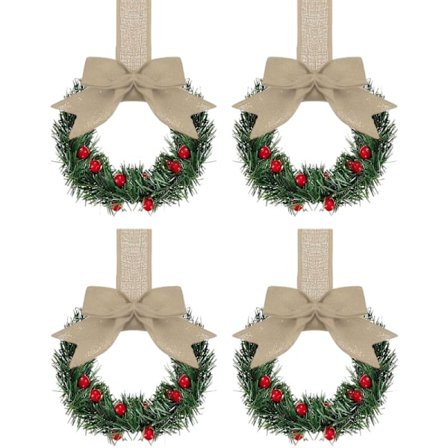 Cabinet Wreath Christmas with Rowan Berries & Bow - Festive Decoration for Kitchen and Windows - 4 PACK