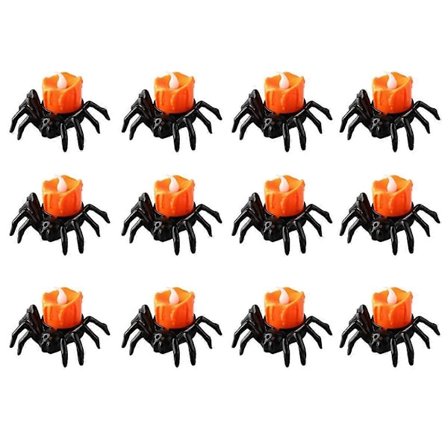 12 stk. Halloween fyrfadslys, Halloween edderkoppe-tealights uhyggelige elektriske flimrende lys