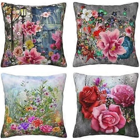 4-pack Kuddfodral Vår Dekorativa Kuddfodral Bomull Linne Örngott (50 x 50 cm, Röda Blommor)[HK]