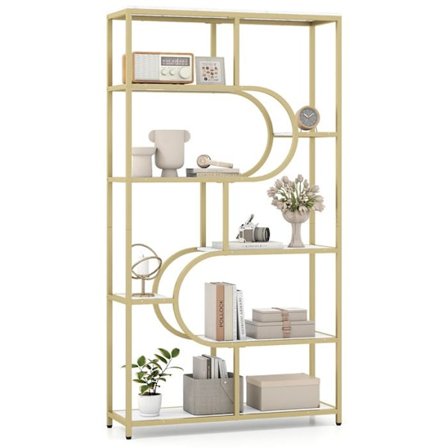 Bibliotek 175 cm med 8 nivåer COSTWAY, U-formad design, öppna metallhyllor för förvaring, för vardagsrum, kontor, sovrum, guld