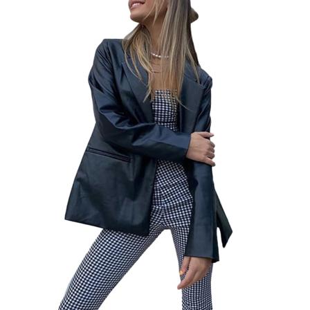 Chic Trendig Snygg Pu-läderkostym Långärmad Lapel Solid Col