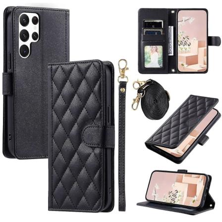 För Samsung Galaxy S22 Ultra 5G Fodral Rhombus Grid Crossbody Plånbok Telefonskydd - Svart