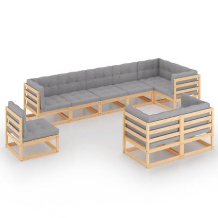 Vidaxl Loungegrupp För Trädgården Med Dynor 9 Delar Massiv Furu Grå