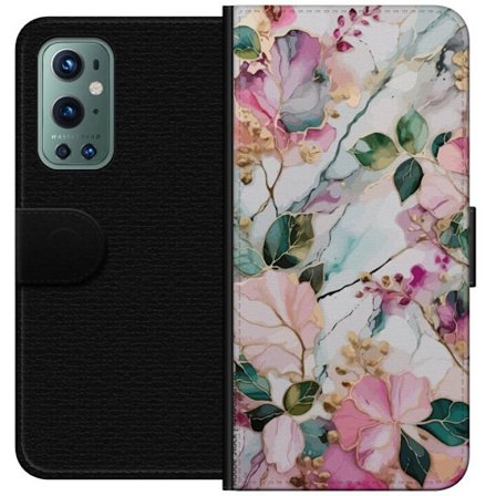 Yhteensopiva Lompakkokotelo OnePlus 9 Pro Abstrakti marmorikuvio kukilla, lehdillä ja kultaisilla yksityiskohdilla pehmeissä pastellisävyissä