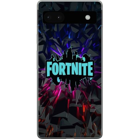 Kompatibelt Mobildeksel til Google Google Pixel 6a Fortnite-logo - Svart bakgrunn med blå neon og fargede lys