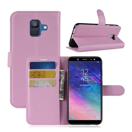 Samsung Galaxy A6 litchi skin magnetisk læder flip cover - Lyserød