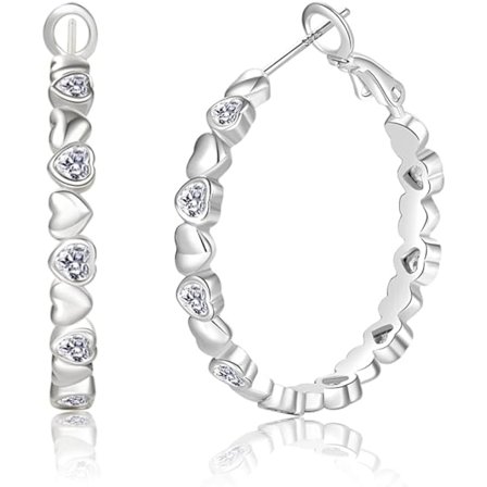 S925 Sterling Silver Örhängen Cubic Zirconia Silver Hoop Örhängen för Kvinnor Hypoallergena Lätta Hjärta Hoop Örhängen 30mm
