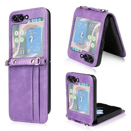 For Samsung Galaxy Z Flip5 Crossbody Card Slot Lær Mobiltelefon Deksel Purple