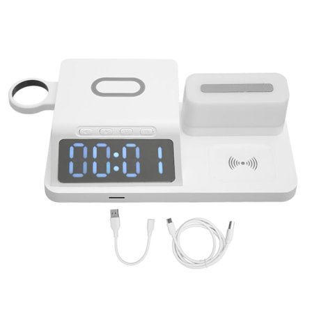 Multifunktionelt vækkeur trådløs oplader med natlys kalender til telefon ur høretelefon hvid