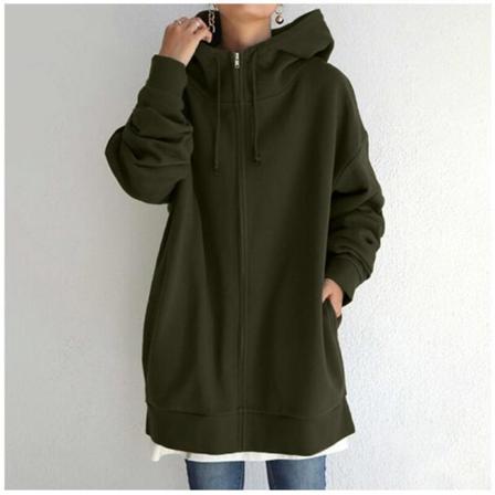 Dam Lång Luvtröja Tunika Vinter Varma Fleecejackor Casual Oversize Sweatshirt Kappa Zip Up Huvtröjor med fickor Army-Green XXXL
