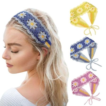 3 stk/pakke Heklede pannebånd for kvinner, håndlagde strikkede hårbånd, Boho heklede hodebånd for jenter, blomstermønster (gult og blått og rosa)