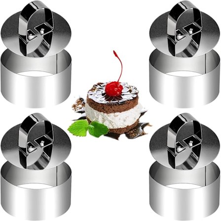 4 stk Runde Matlagingsringer, Rustfritt Stål Matringer Kakeform Baking Ring Mold med 4 Matpresser - 8x4cm