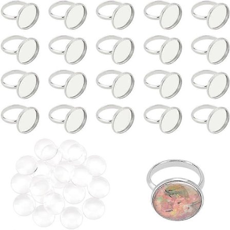20 Sett 16mm Hypoallergeniske Justerbare Ringinnstillinger i Rustfritt Stål med Glass Cabochon for DIY Smykkefremstilling, Kompatibel med Ringbaser[HK