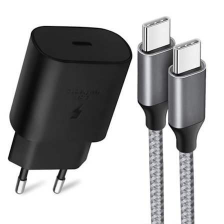 25W USB-C-laddare + grå 1M USB-C till USB-C nylonkabel för SAMSUNG S22 5G-S22 ULTRA 5G-S21 FE 5G-S21-S21 PLUS-S20 FE-S20-OBS 20