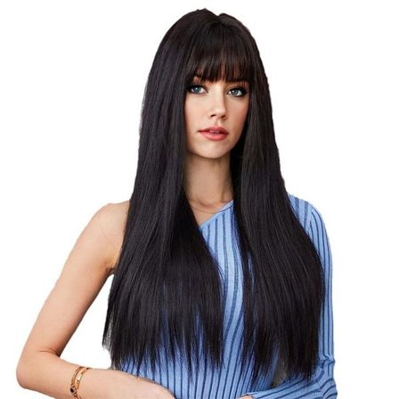 Paryk kvindelig luft pandehår lang lige ægte hovedbund fuld hovedbeklædning