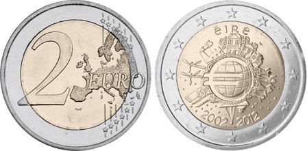 Irland 2012 - 10 år for eurosedler og mønter - 2 euro mønt
