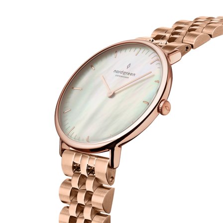 Nordgreen Danish minimalist slim women's watch - Rose Gold Case - Silver Dial - 28mm Rose Gold Link Watch Band Native White Dial