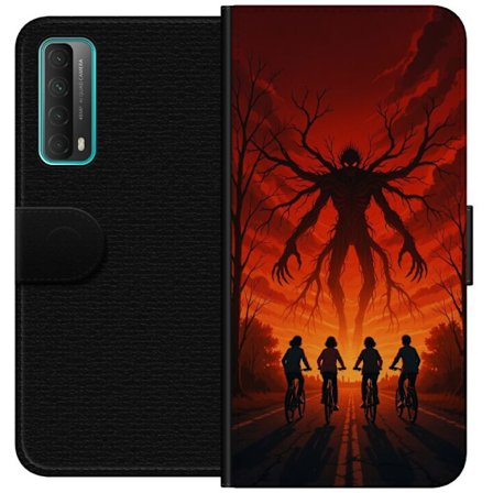 Yhteensopiva Lompakkokotelo Huawei Huawei P smart 2021 Tumma Stranger Things -inspiroima kauhukuvaus punaisilla taivaalla, hirviöhahmo ja pyöräilev