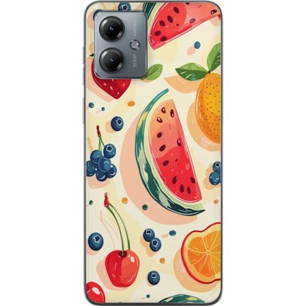 Kompatibel Mobilcover til Motorola Moto G14 Legesyg frugtillustration med vandmelon, citrus, jordbær, kirsebær og bær