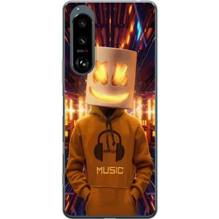 Yhteensopiva Puhelinkuori Sony Sony Xperia 5 III DJ-hahmo valaisevassa kypärässä ja hupparissa futuristisessa musiikkiympäristössä neonvalojen k
