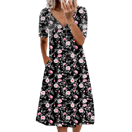 Blommig Printed Kvinnor Klänning V-ringad Dragkedja Kort Ärm Vestidos