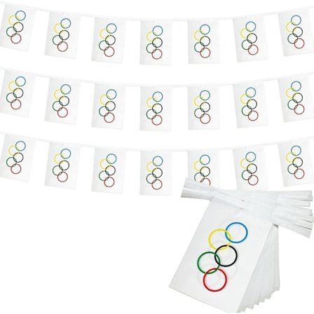 Olympiska spelens flaggsnöre, olympiska ringar, små, minivimplar, 33 fot, 30 flaggor, present till familj/vän med låda ZMYX