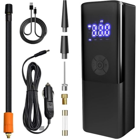 Batteridriven däckluftkompressor, 150 PSI automatisk avstängning, luftpump med LED-lampa, digital mätare för exakta tryckavläsningar, svart