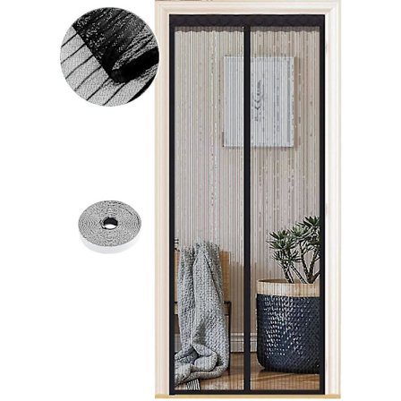Magnetisk myggnät för dörrar, 70 x 200 cm, kraftfulla magneter, automatisk stängning, dörrgardin korridorer uteplats utan borrning, svart remsa