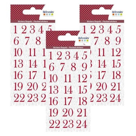 3 plader med røde flokkede tal klistermærker til julesokkalender