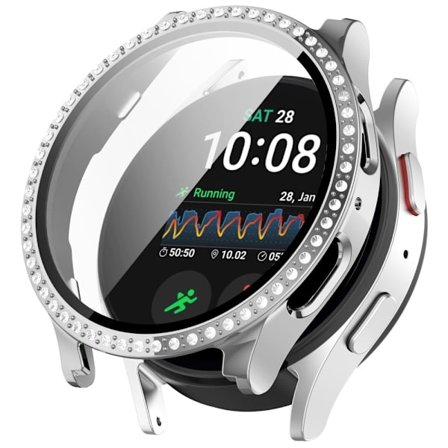 Samsung Galaxy Watch7 40mm Rhinestone Decor Bump Resistant Watch Case Integrated with Tempered Glass Film - Electroplating Silver