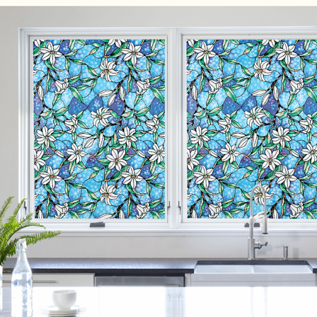 Stained Glass Film Privacy: Vinduesfrostningsfilm Selvhæftende Vinduesfilm Blomstermønster Statisk Dekorativ Film til Hjemmekontor Badeværelse (Blå, 